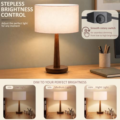18.5" Modern Dimmable Walnut Wood Table Lamp with Linen Shade, White
