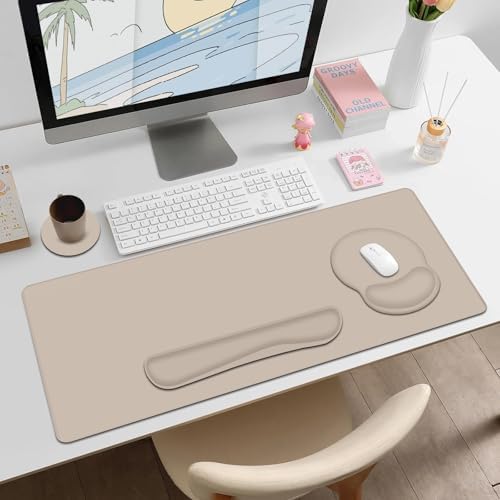 4 PCS Mouse Pad Desk Mat Protector, Keyboard Wrist Rest + Comfortable Mouse Pad Wrist Rest +Coaster, Large Gaming Mousepad for Computer Laptop, 35.4"X 15.7" Deskpad for Office Home I Apricot