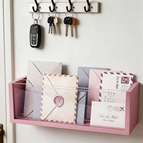 Pink Mail Organizer for Desk, Acrylic Letter Holder with Adjustable Divider
