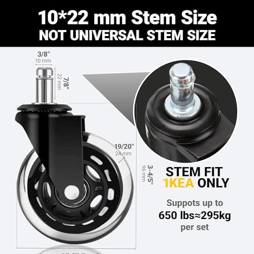 3" Office Chair Caster Wheels with 10mm Stem 1KEA ONLY, Heavy-Duty Rubber Chair Casters Replacement Set of 5, Desk Chair Wheels, Quiet & Smooth Rolling for All Floors (Hardwood, Carpet)