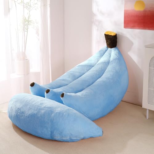 Banana Bean Bag Chair with Ottoman, Floor Sofa Bed with Footrest, Comfy Convertible Lounger for Adults, Plush Couch for Bedroom, Living Room or Dorm, L-SkyBlue