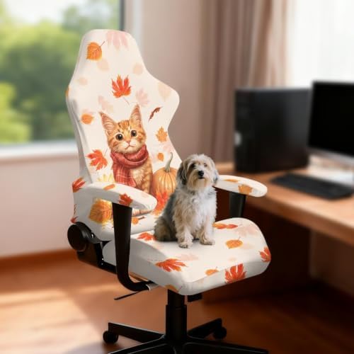 Fall Maple Leaf Gaming Chair Protector Slipcover 4-Piece Fits Office/PC Boss Recliners Anti-Scratch Washable with Zipper for Living Room Orange Cat Pumpkin