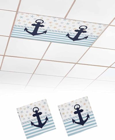 Christmas Anchor Magnetic Fluorescent Light Covers for Ceiling Lights 2 x 4 Feet,Nautical Sea Star Shell Stripe Blue Office Classroom Kitchen Drop Ceiling Light Covers Filters Shade Panel 2 Packs