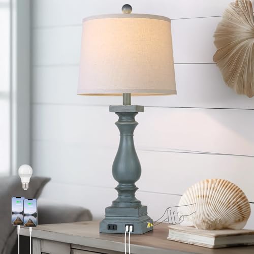 28" Tall Farmhouse Table Lamp with USB C+A Ports and AC Outlet, 3 Way Touch Control Rustic Bedside Lamp for Bedroom, Blue Vintage Nightstand Lamp for Living Room Office