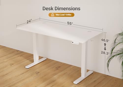 Seang Electric Standing Desk Adjustable Height, 55 x 24 Inch Sit Stand Desk with T-Shaped Frame, 3 Memory Presets & Cable Management for Home Office Computer Workstation, White Frame/White Top