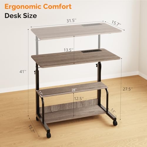 FCH 31.5" Mobile Small Standing Desk, Adjustable Height Mobile Computer Desk, w/2 AC Outlets + 3 USB Ports & Hooks, Storage Shelves, Suitable for Gaming, Studying, Home Office, Gray