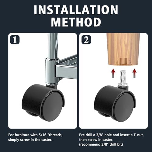 1.5 Inch Furniture Stem Casters Set of 4, Threaded Stem Diameter 5/16" Plastic Caster Wheels, Black Swivel Small Castors with T-Nuts, for Table, Cabinet, Storage Rack