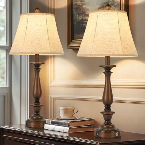 AIDENOEY 28.5" Traditional Table Lamp Set of 2, Rustic Farmhouse Table Lamps for Living Room Bedroom, Bedside Desk Lamps Vintage Nightstand Lamps with Silk Fabric Shades,Antique Copper Table Lamp