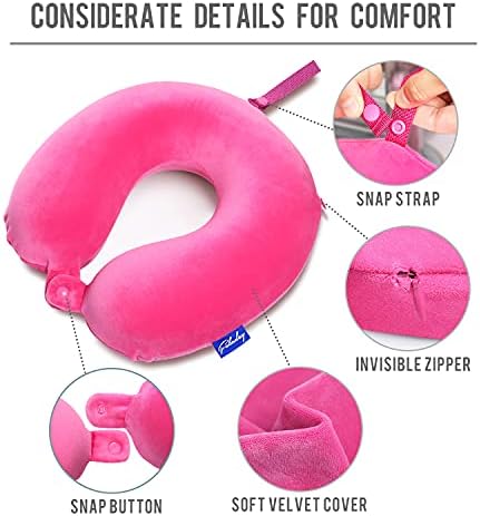 Memory Foam Neck Pillows for Travel - Travel Neck Pillows for Airplanes with Attachable Snap Strap Soft Washable Cover, Flight Neck Pillows Provide Neck Rest for Traveling, Car, Home, Office, Pink