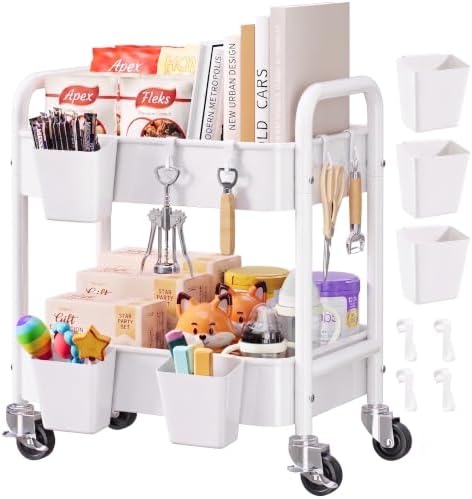 2 Tier Small Rolling Cart Metal with Wheels, White Under Desk Storage Carts