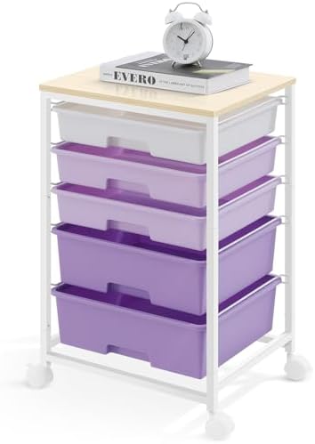 SYKIARIOL Utility Cart with 5 Drawers with Wooden Top,Purple