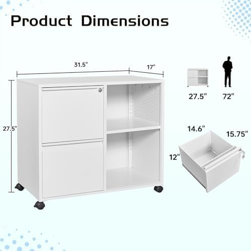 MIIIKO 2 Drawer File Cabinet with Lock, Metal Rolling Printer Stand Filing Cabinets with Drawers for Home Office,A4, Letter Size File Folders(White)