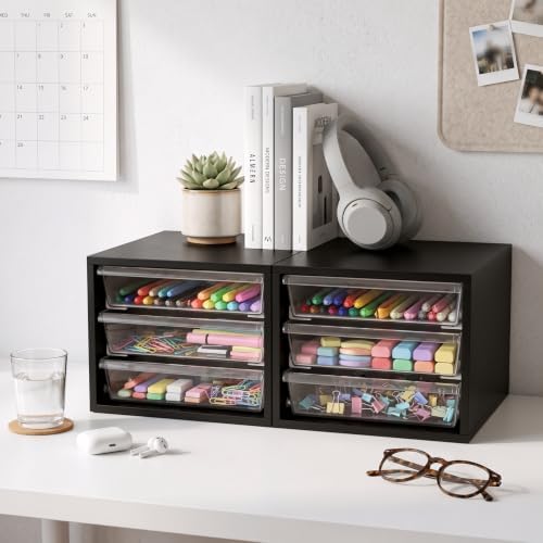 WOPITUES Wooden Desk Organizer with 3 Drawers & a Total of 5 Dividers,Black
