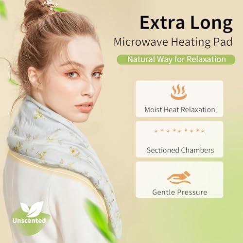 Heating Pad for Neck Shoulders and Back Microwavable Machine Washable 26x4.3 Microwave Rice Bag for Heat Therapy Reusable Hot Pack for Muscle Cramps Moist Warm Bean Bag for Pain Relief Unscented