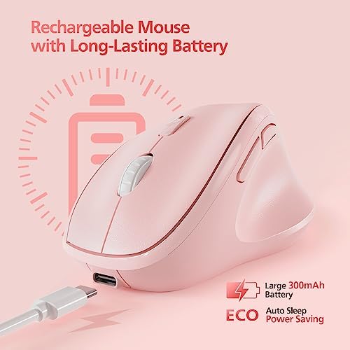 Micropack Wireless Bluetooth Mouse Ergonomic Vertical for Laptop MacBook PC Tablet Rechargeable Silent Click Multi-Device 3-Mode 2.4G Adjustable DPI Compatible with Windows Android iOS MacOS Pink