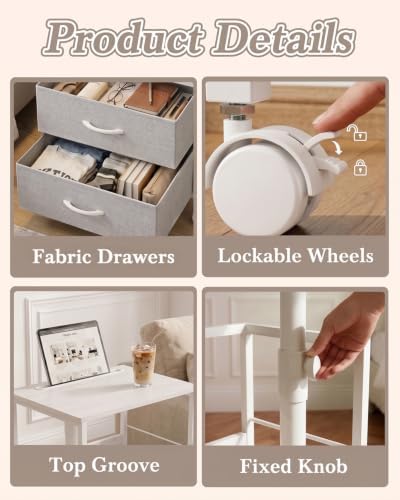 Faesun Night Stand with Charging Station & Swivel Top, White Gray