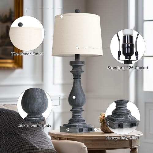 Cinkeda 29" Tall Farmhouse Table Lamp for Living Room Set of 2,Vintage Retro Nightstand Lamps with USB C+A Ports & AC Outlet,3-Way Dimmable Touch Bedside Lamp for Bedroom Side Table,Distressed Black