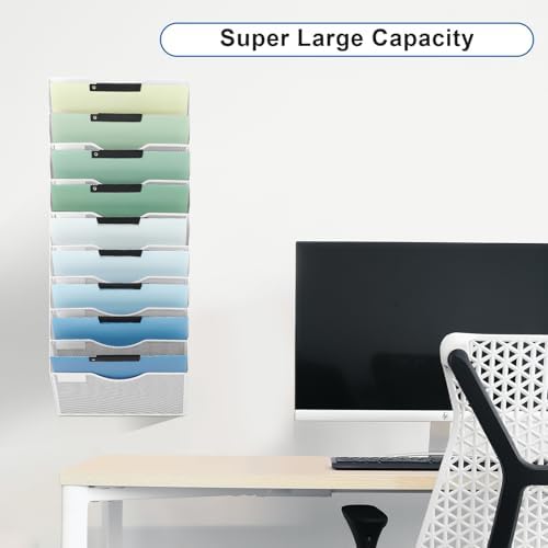 EASEPRES 10 Pocket Mesh Hanging Wall File Organizer, Wall Mounted Mail Paper Document Folder Holder, Clipboard Storage Organization Magazine Rack with Nametag Label for Office Home School, White