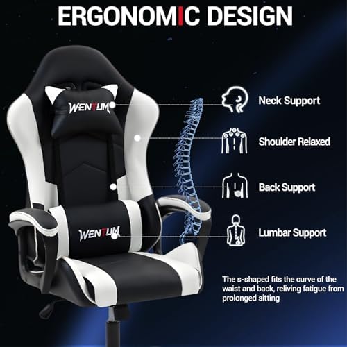 Ergonomic Massage Gaming Chair for Kids Adults, Comfy PU Leather Office Desk Chair with Adjustable Headrest Lumbar Support 360 Swivel, White