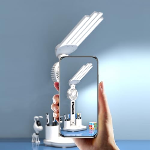 Foldable Led Desk Lamp with Fan Clock Light Study, 3 Lighting Modes, Adjustable Table Lamp Dimmable Eye Caring Reading Lamp for Home Office College Dorm Bedroom Bedside