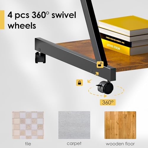 soges Small Rolling Computer Desk, Z Shape Laptop Desk Cart on Wheels, Mobile Computer Workstation for Home and Office with Keyboard Tray, Rustic Brown