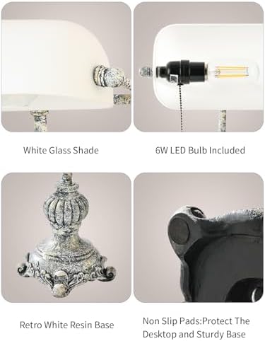 Retro White Matted Glass Bankers Desk Lamp,LED Bulb Included