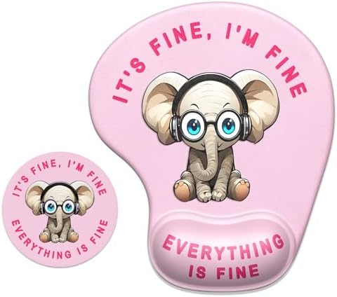 ITNRSIIET Ergonomic Mouse Pad Coaster Set with Gel Wrist Support Wrist Rest Smooth Surface Non-Slip PU Base Comfortable Office Supplies Pain Relief, 9.5 x 8.3 inches, Pink Pretty Elephant