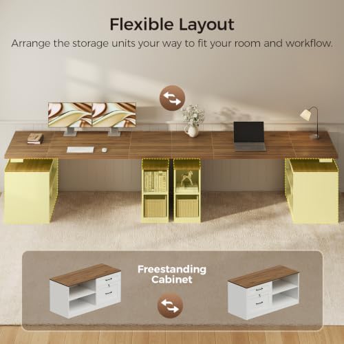 OffiGo 63 Inch Farmhouse L Shaped Electric Standing Desk, Walnut & White