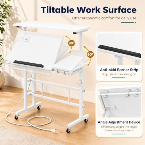Tangkula Height Adjustable Mobile Standing Desk with Built-in Power Outlets
