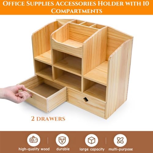 Wooden Desk Organizer with Drawers, 10 Compartments