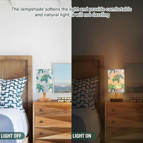 Bedside Lamp Sea Turtles Teal Table Lamp for Bedroom LED Nightstand Lamp Shade USB Ports Wood Base for Living Room Dorm Office