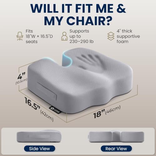 5 STARS UNITED Seat Cushion - Memory Foam Chair Cushion for Tailbone Pain Relief - Ergonomic Support for Coccyx, Sciatica & Butt - Office, Desk & Gaming Chair, Car Seat, Wheelchair, Airplane, L Gray
