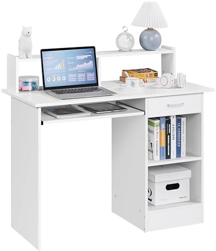 Yaheetech Computer Desk with Keyboard Tray, Drawers, and Shelves, White