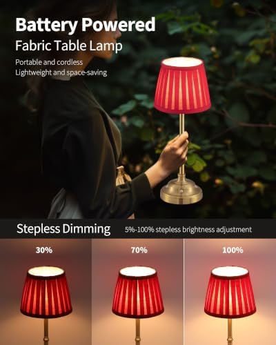 KDG Gold Cordless LED Table Lamps Set of 2, Red Fabric Shade Desk Lamps