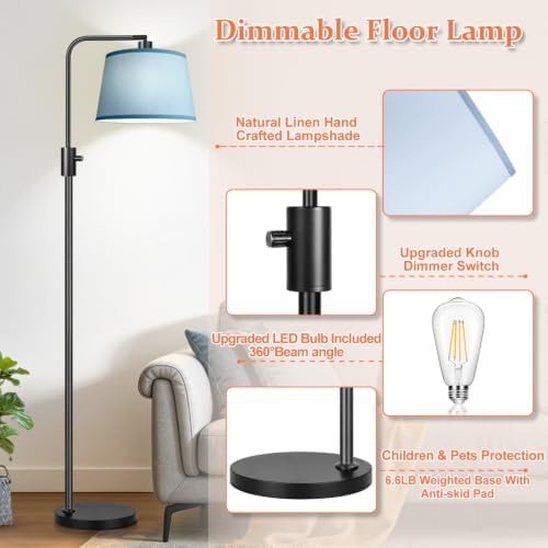 【Upgraded】 Dimmable Black Floor Lamp, 1000 Lumens LED Edison Bulb Included, Arc Black Floor Lamps for Living Room Modern Standing Lamp with Sky Blue Shade, Tall Lamps for Living Room Bedroom Office