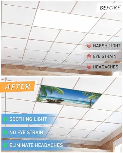 Summer 4 Pcs Fluorescent Light Covers, Ocean Beach Palm Tree Nautical Vessel Magnetic Filters Shade Panel Light Covers for Ceiling Lights Classroom Office Home Ceiling Decoration, 4 x 2 Ft
