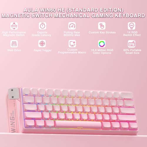 Aula WIN60 HE - 60% Mechanical Gaming Keyboard Wired, Hall Effect Magnetic Switch Hot Swappable,8000 Hz Polling Rate, RGB Keyboard 60 Percent Compact Design for PC (Gradient Pink)