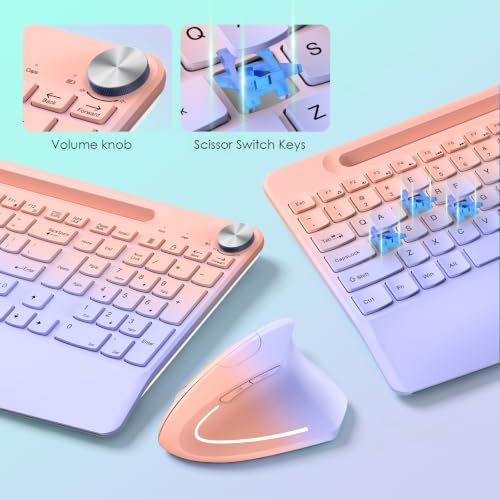 Full-Size Ergonomic Keyboard and Mouse, 2.4GHz Wireless Keyboard and Vertical Mouse with Tablet Phone Holder, Wrist Rest for Computer Mac PC Laptop Chromebook, Pinkpurple