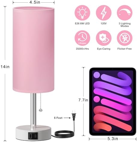 Dicoool Pink Bedside Table Lamp for Girls Bedroom - USB A+C Charging Ports
