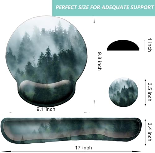 Keyboard Wrist Rest Pad Mouse Pad with Wrist Support Set of 3, Mousepad with Non-Slip Rubber Base, Ergonomic Memory Foam Mouse Wrist Cushion Support for Home Office Laptop Computer Gaming, Forest