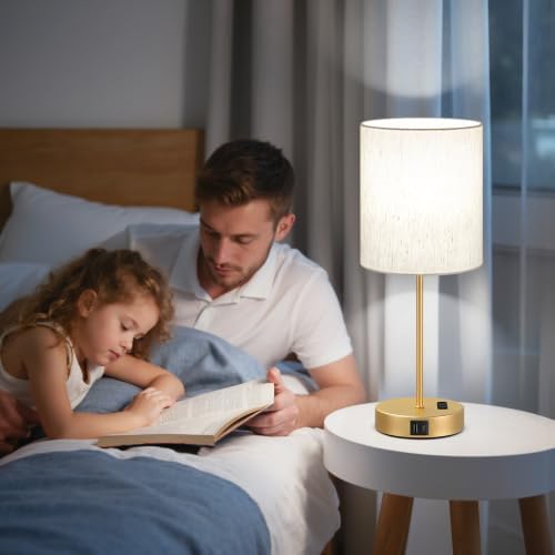 17.6" Gold Touch Lamps for Bedroom Set of 2 - Dimmable, USB C+A, AC Outlet