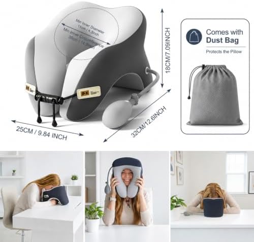 Desk Pillow for Napping, Neck Pillow for Office Chair Headrest, Neck Support Pillows for Desk Sleeping, Inflatable Neck Pillow for Work/Travel/Airplane, Face Down Pillow, Adjustable Height (Grey)