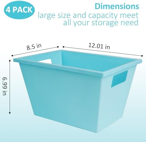 KOOMADE 4PC Plastic Stackable Storage Basket - Large Basket Organizer with Handle for Kitchen ,Offices ,Shelving, Pantry,Cabinet and Bathrooms Open Storage Bin for Space Optimization Portability-Blue