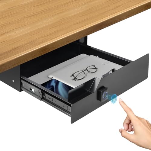 Under Desk Drawer with Biometric Fingerprint Lock, Metal Undermount Table Drawer, Slides out Tray Organizer for Paper, Pencil, and Laptop 16"x11.8"x3.6", Black