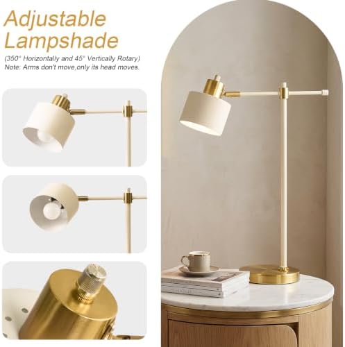 OYEARS 22.2" Modern Desk Lamp, Metal Table Lamp with LED Bulb, Adjustable Reading Lamps for Living Room, Mid Century Nightstand Lamp for Home Office, Industrial Bedside Lamps, Cream and Gold
