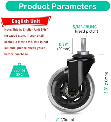 Hirate 3 inch Office Chair Casters Wheel with 5/16"-18UNC Threaded Stem