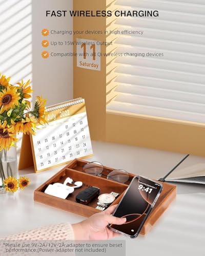 TopMade Valet Tray for Men, Built in Wireless Charging Pad, Nightstand Dresser Organizer, Faux Leather Mens Jewelry Box with Charging Station, Brown