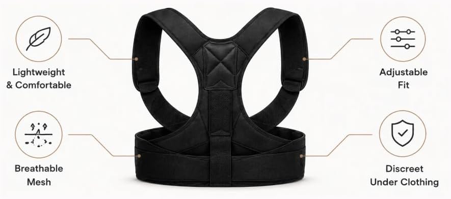 Back Brace Posture Corrector for Spine Support and Pain Relief, Black, Sizes S, M, L, 1 Unit (Large)