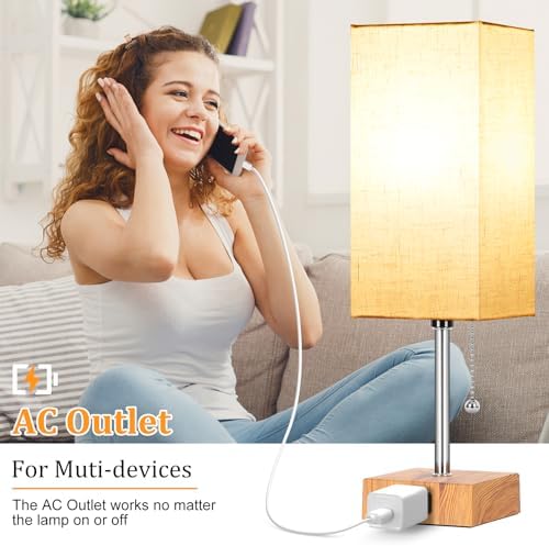 Table Lamp for Bedroom set of 2,3-Color Bedside Lamps with Pull Chain Wood