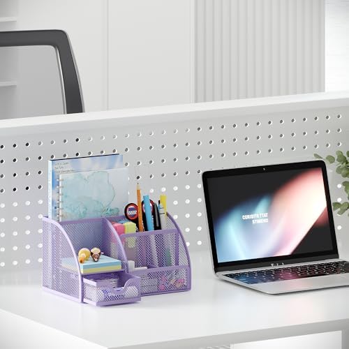 EasyPAG Mesh Desk Organizer with Drawer Multi-functional Pen Holder Stationery Organizer for Office School Supplies 6 Compartments Dorm Organizers and Storage for Desk, Light Purple